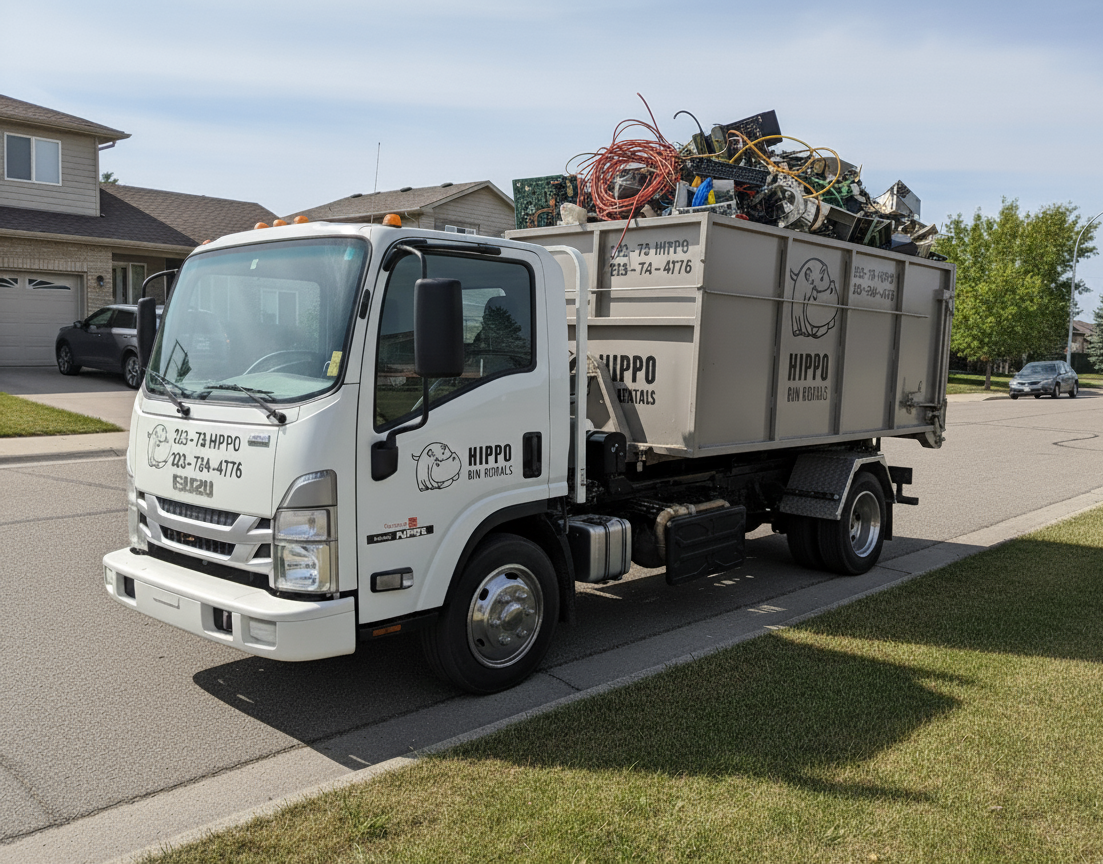 Dumpster rental Airdrie truck loaded with discarded electronics on a residential street
