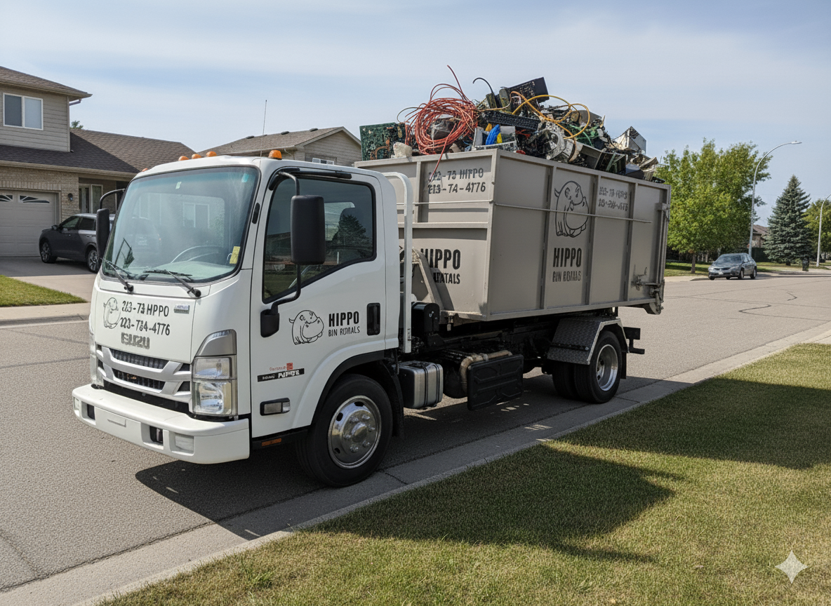 Bin rental Balzac truck parked on a street, loaded with discarded electronics and materials